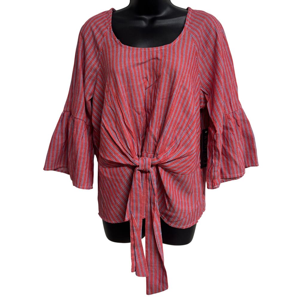 Kontrol Womens 3X Plus Red Striped Tie Front Blouse Bell Sleeve Cotton Top New